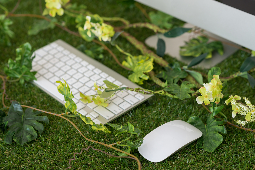 biophilic design keyboard and mouse covered in greenery in the office