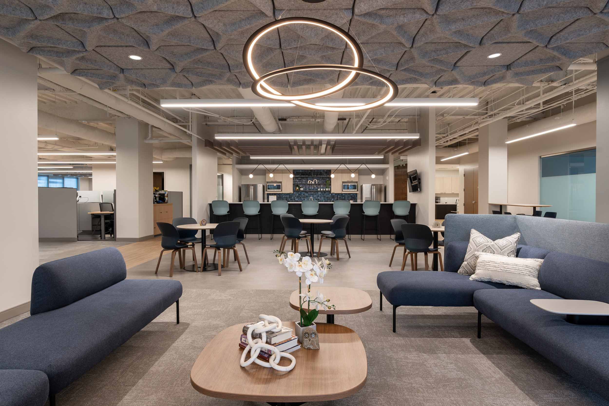 A variety of breakroom seating in room designed by Planning Interiors
